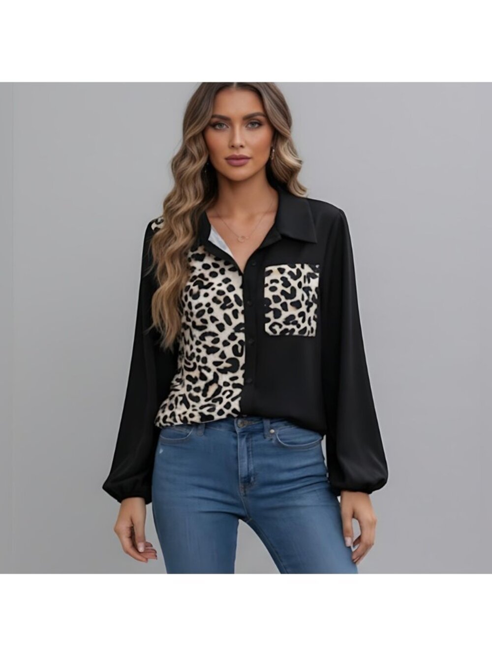 Black Leopard Print Lantern Sleeve Blouse